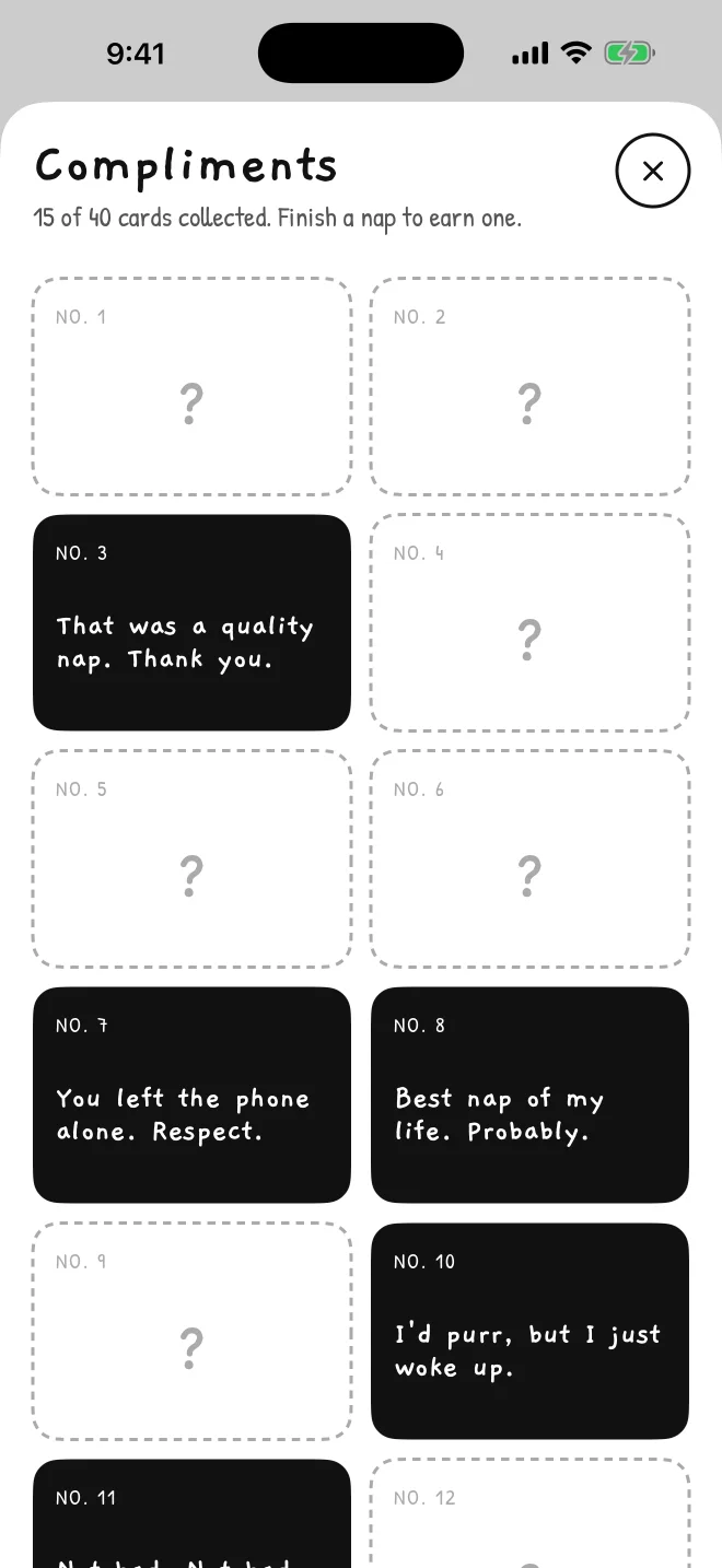 Don't Wake the Cat compliments: numbered cards collected after each nap
