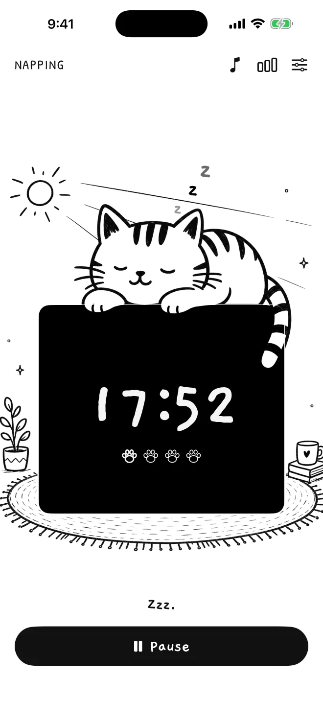 Don't Wake the Cat: a doodle tabby asleep on the timer panel, 17:52 left