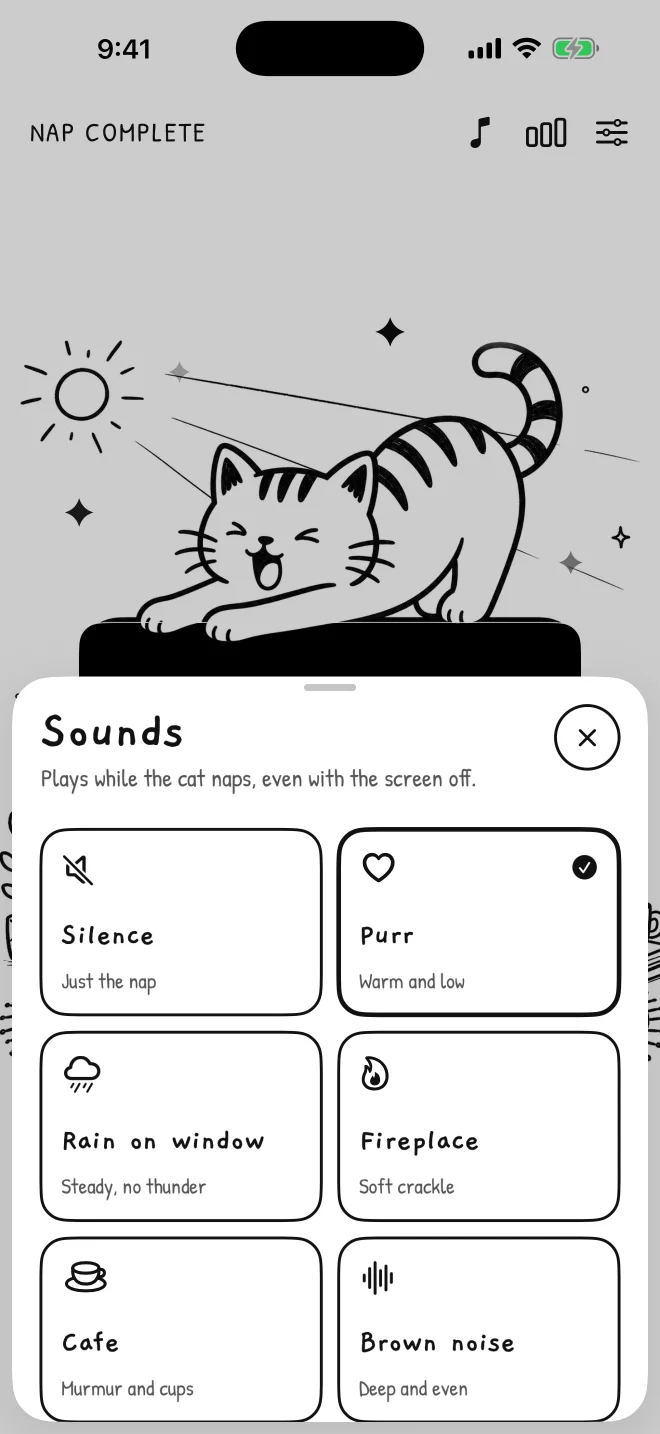 Don't Wake the Cat sounds: purr, rain on window, fireplace, café and brown noise