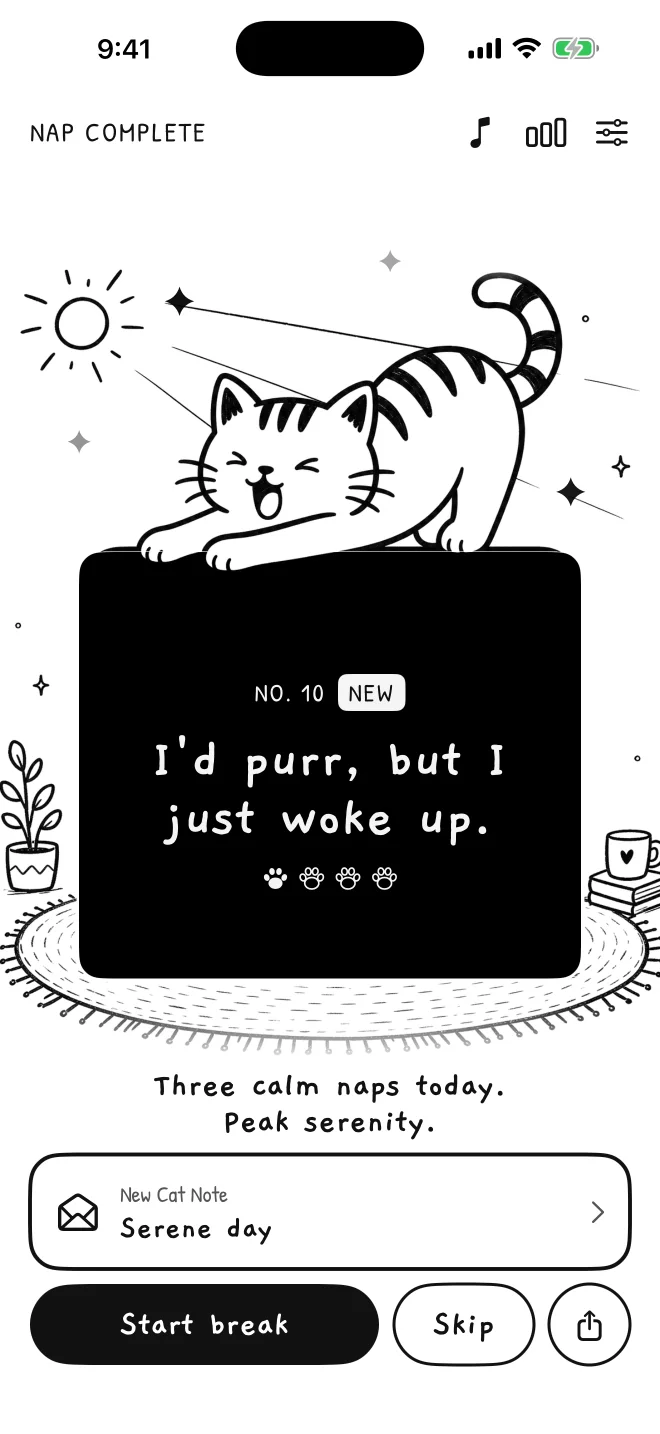 Don't Wake the Cat, nap complete: the cat stretches and pays a compliment card