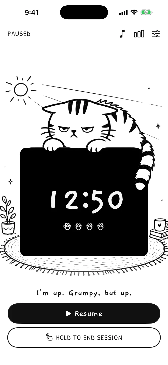 Don't Wake the Cat, paused: the cat sits up and glares. I'm up. Grumpy, but up.