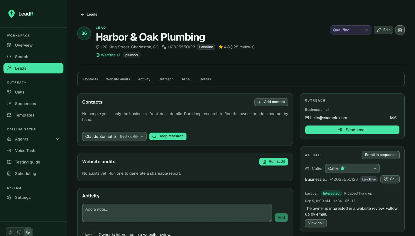 LeadR lead detail: contacts, website audits, activity and the AI call panel