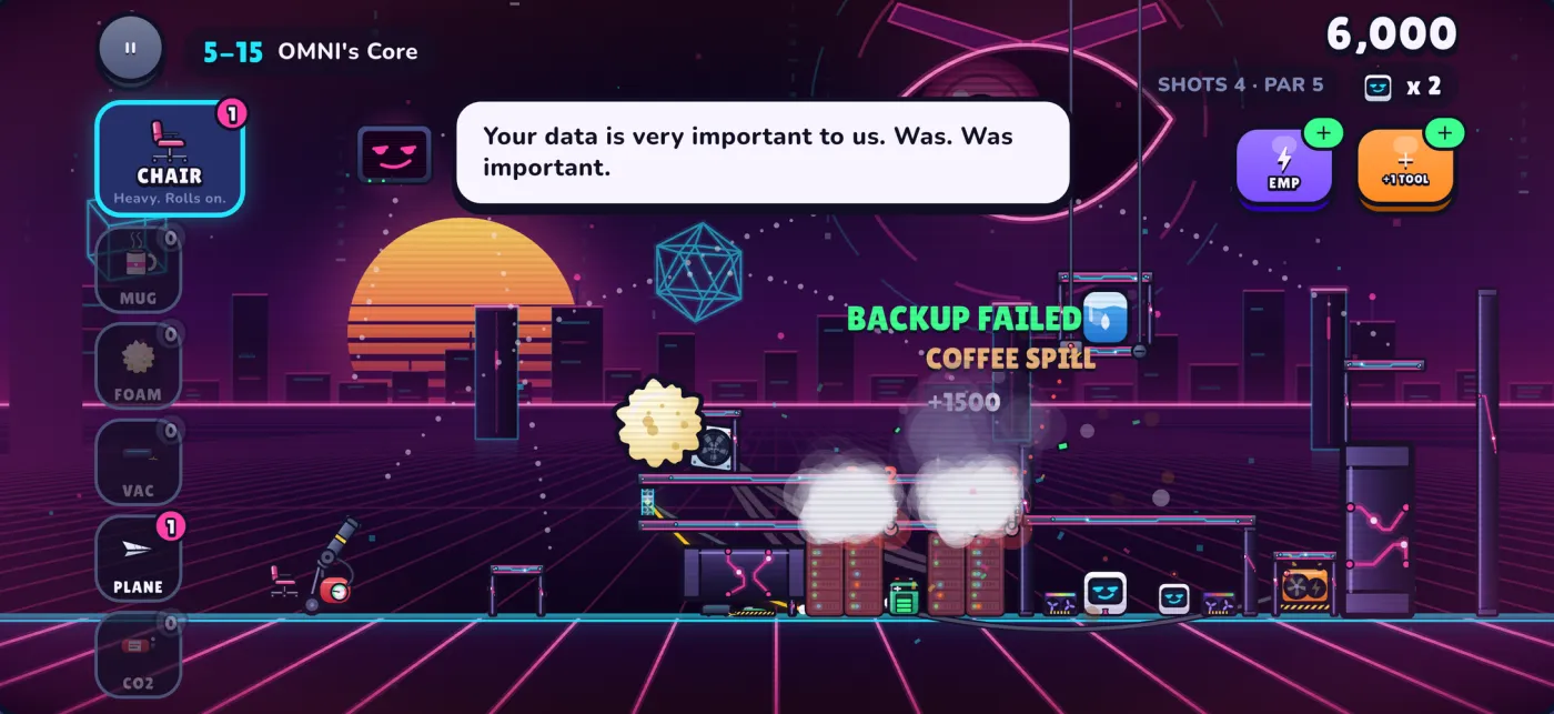 Rack Wreck level 5-15, OMNI's Core: a coffee spill knocks out the backup in a neon server hall
