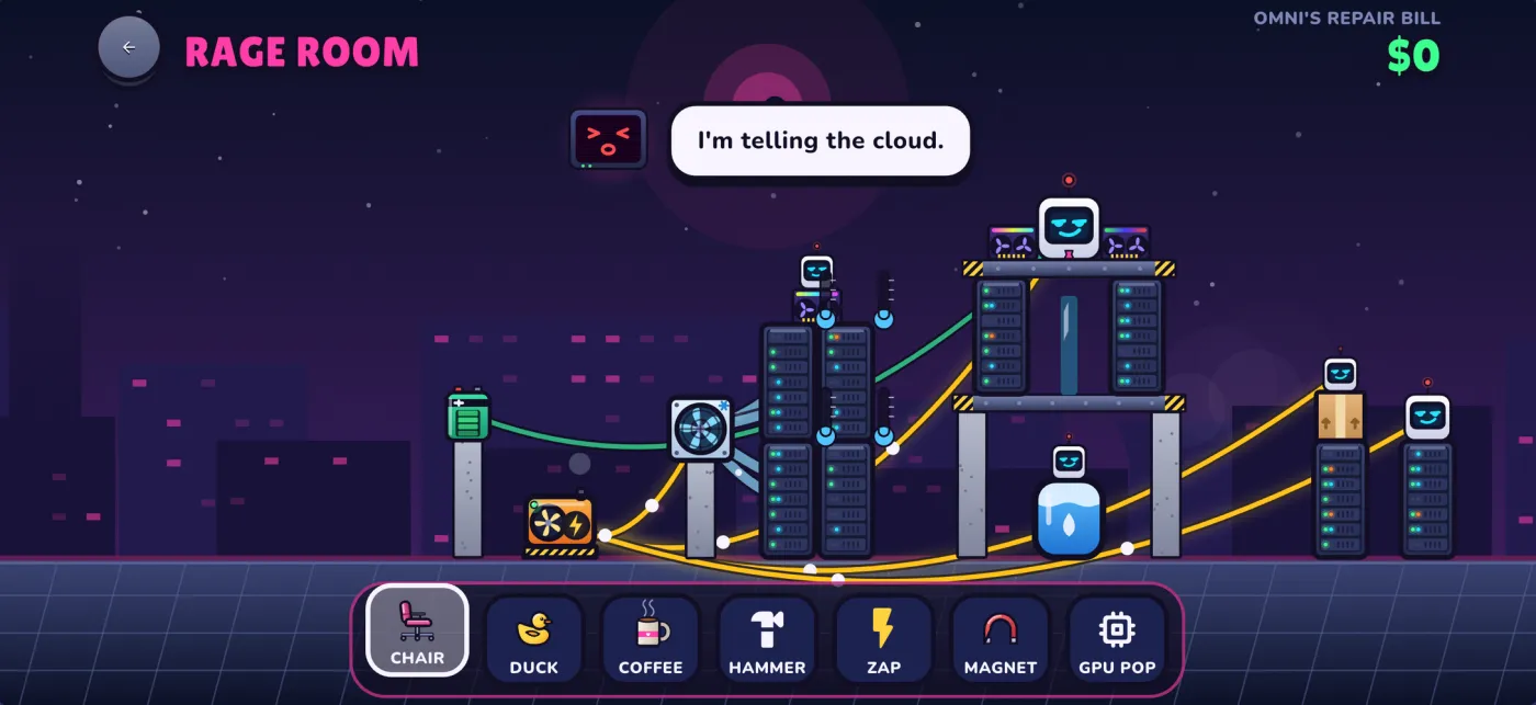 Rack Wreck Rage Room: smash OMNI's tower while the repair bill climbs