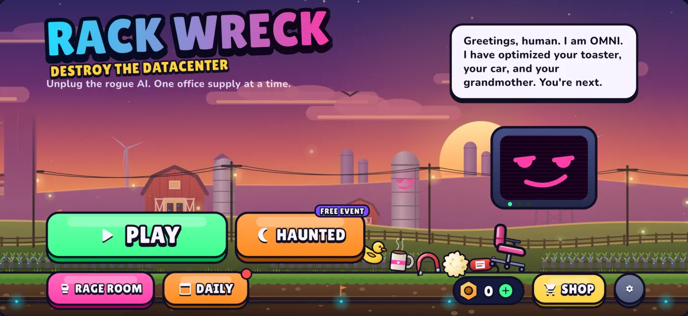 Rack Wreck title screen: OMNI greets you from a monitor on a farm of server barns